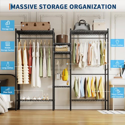 PioneerWorks Heavy Duty Garment Rack 1210 LBS, Commercial Clothing Rack with 4 Adjustable Shelves, Freestanding Wardrobe Closet Organizer, Metal Storage Rack for Home, Retail, Laundry Room - size: 86.2"W x 17.3"D x 76.4"H