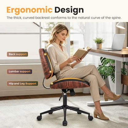 IWMH Armless Desk Chair Home Office Chair with Wheels Walnut PU Retro Chair | Ergonomic Swivel Computer Chair no Arms Mid-Century Adjustable Height Rolling Task Chair for Study Work Small Space Black
