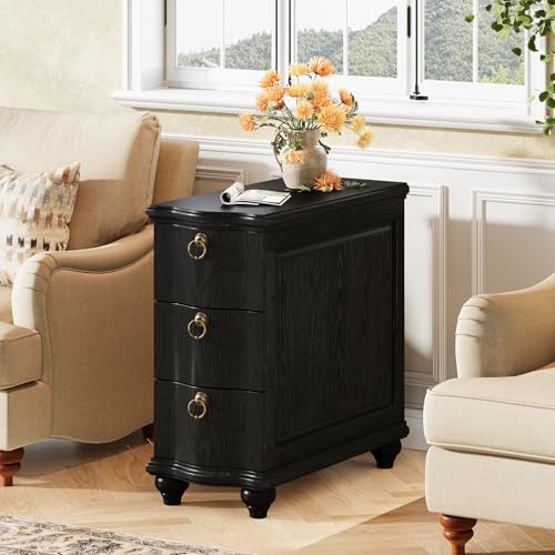 Tribesigns Wood Black End Table, 3-Drawers Fully Assembled Narrow Slim Side Table, No Assembly Required, Nightstand for Bedside, Small Spaces, Living Room, Bedroom - color: Black