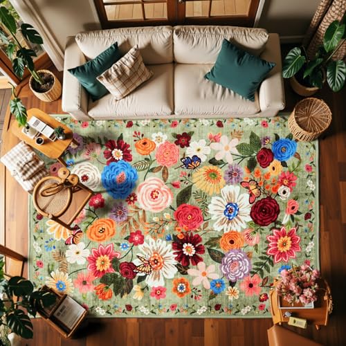 Green Floral Washable Area Rug 6x9 for Living Room Bedroom | Ultra-Thin; Easy Clean; Non Slip; Stain Resistant; Soft; MachineMachine Washable; Ideal for Dining Room, Home Office - color: Green, size: 6' x 9' (Rectangular)