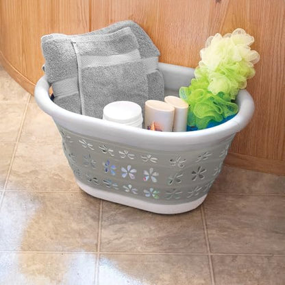 Camco Collapsible Laundry Basket, Small, Taupe/White - Pop Open Waterproof Plastic Bin with Handles for Home, Dorm, RV Storage - size: 10 inches tall expanded