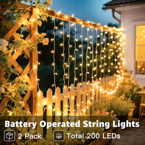 Ollny Fairy Lights Battery Operated 2 Pack, Total 200 LED 66 FT Battery String Lights, Waterproof LED Light with 8 Modes, Bedroom Indoor Outdoor Classroom Party Decorations, Warm White - size: 66 FT