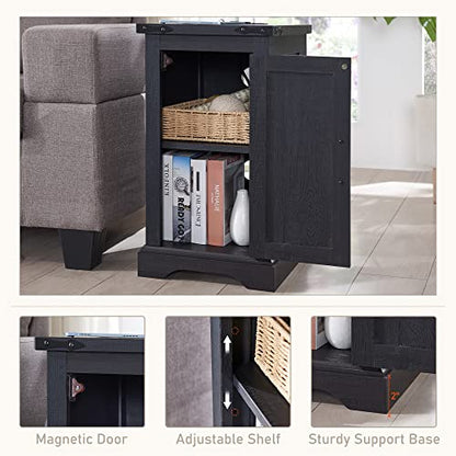 Farmhouse 17" Nightstand with Charging Station, Black | Rectangular/ Rustic End Table with Barn Door /Adjustable Shelf/ Wood Sofa Side Table/ for Living Room, Bedroom - color: Black Color