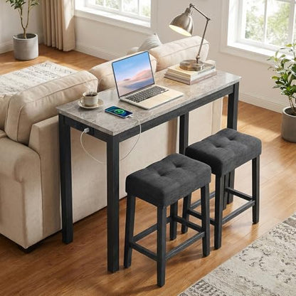 COSTWAY 3-Piece Wooden Bar Table Set with Charging Station | Modern Counter Height Table, Faux Marble Top, 2 Padded Stools, Console Table Set for Living Room, Kitchen, Dining Room, Gray - color: Grey