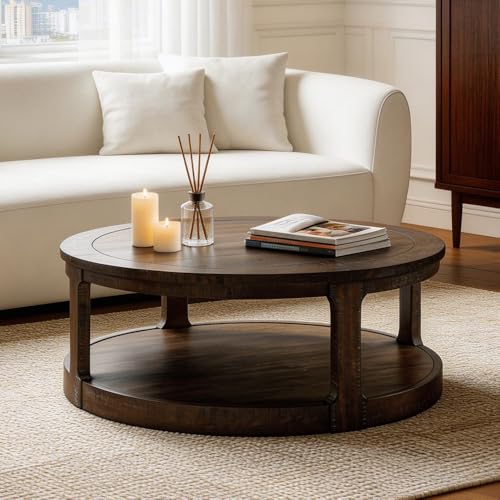 40" Round Coffee Table with Wheels, Circle 2 Tier Solid Wood Center Coffee Table, Mid Century Retro Farmhouse Rounded End Table for Living Room Apartment, ø40 x 17.52" H (Dark Brown) - color: D-40" Brown