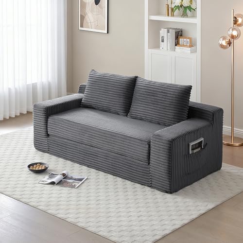 73" Corduroy Cloud Loveseat Sofa, 2-in-1 Convertible Sleeper Sofa Bed with Memory Foam, No-Assembly Sofa-in-a-Box for Small Spaces Living Room/Apartment/Office (Grey) | Corduroy - color: Grey