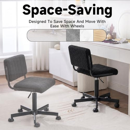 Office Chair Vanity Chair with Wheels | Comfy Desk Chair with Back | Cute Teddy Armless Adjustable Swivel Chair | Small Vanity Stool | for Bedroom Home Computer Task | Black - color: Black