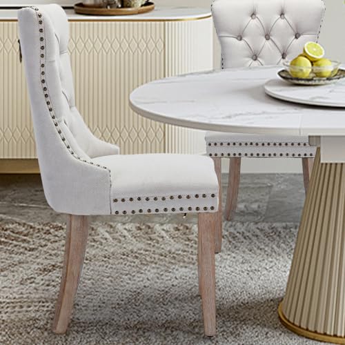Linen Upholstered Dining Chairs Set of 2, Modern Style Kitchen Side Chairs with Nailhead Trim and Wood Leg, Metal Pulling Ring for Dining Room Living Room(Beige,Set of 2) - color: Beige-linen, size: Set of 2