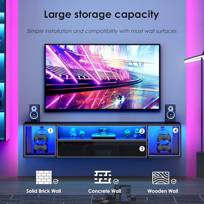 sogesfurniture 55'' Floating TV Stand with Lights, Floating Entertainment Center with Lights, Modern Wall Media Console with Storage, Wall Mounted LED TV Stand for Living Room, Black - size: 55"-Black