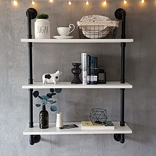 HDDFER Industrial Pipe Shelving Rustic White Pipe Wall Shelves Bathroom Shelves with Wood Planks Industrial Floating Shelves 30 Inch Farmhouse Bookshelf Pipe Shelves Wall Mounted - color: White, size: 3Tier30in