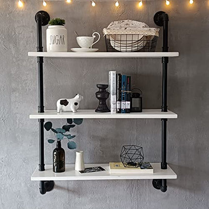 HDDFER Industrial Pipe Shelving Rustic White Pipe Wall Shelves Bathroom Shelves with Wood Planks Industrial Floating Shelves 30 Inch Farmhouse Bookshelf Pipe Shelves Wall Mounted - color: White, size: 3Tier30in