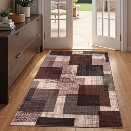Washable 3x5 Entryway Rug, Throw Rugs with Rubber Backing, Purple | Non Slip, Low-Pile, Soft Stain Resistant, Patchwork Grid Print Door Mat Indoor Entrance for Kitchen Entry Bathroom Decor - color: Purple, size: 3' x 5' (Rectangular)