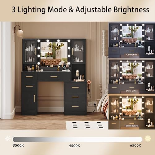 TOKSOM Makeup Vanity Desk with Mirror and Lights, 51" Makeup Vanity with Lights & Charging Station, Dressing Table Vanity Set for Bedroom, Vanity Table with 6 Drawers and 3 Cabinet Black - size: 51 inch, style: Modern Black