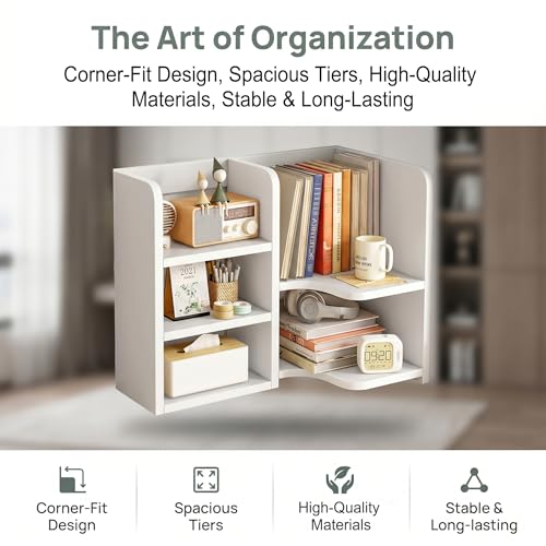 Desk Shelf,Small Bookshelf,Wooden Desk Hutch Desk Organizers,White Desktop Bookshelf and Accessories Storage Display Rack in Home Office Dorm,Freestanding Desk Shelf