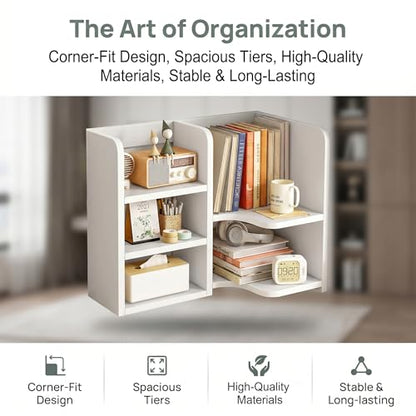 Desk Shelf,Small Bookshelf,Wooden Desk Hutch Desk Organizers,White Desktop Bookshelf and Accessories Storage Display Rack in Home Office Dorm,Freestanding Desk Shelf