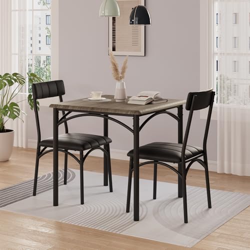 GarveeLife 3-Piece Dining Table Set for 2, Square Kitchen Table & Chairs | Upholstered, Space-Saving Square Kitchen Table Set, Compact Dining Room Furniture for Apartment, Studio - color: Grey