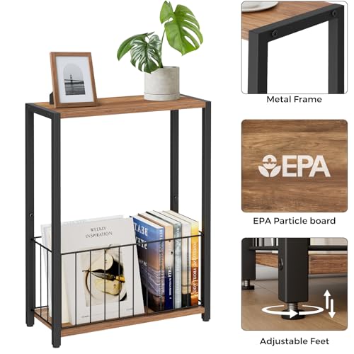 Homleke Narrow Side Table with Magazine Holder, Skinny End Table | Space-Saving Design, Small Spaces, Storage Shelf, Metal Frame, Easy Assembly, 7.1" D x 16.9" W x 23.6" H, Rustic Walnut - color: Rustic Walnut - Standard