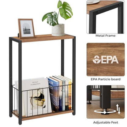 Homleke Narrow Side Table with Magazine Holder, Skinny End Table | Space-Saving Design, Small Spaces, Storage Shelf, Metal Frame, Easy Assembly, 7.1" D x 16.9" W x 23.6" H, Rustic Walnut - color: Rustic Walnut - Standard