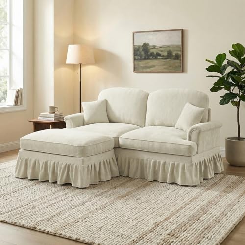 Loveseat Sofa Couch, 2 Seat Comfy Chenille Sofa with Removable Ruffled Skirt, Flared Armrests, Sturdy Legs, Convertible Sectional for Living Room, Bedroom, Apartment (Beige) - color: Beige, size: 76.4 Inch L