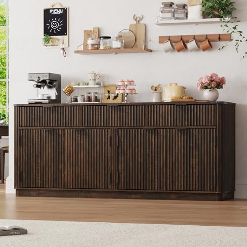 70” Rounded Edge Large Sideboard Buffet Cabinet with 3 Storage Drawers,Farmhouse Kitchen Fluted Sideboard Cabinet w 4 Door Shelves,Wood Coffee Bar Cabinets,Kitchen Pantry (Rustic Brown) - color: Rustic Brown