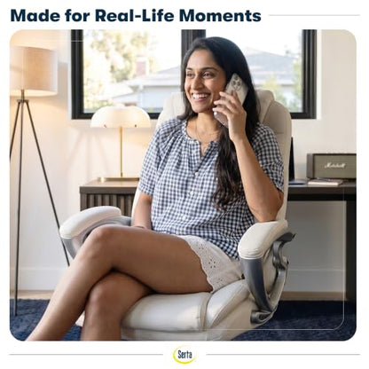 Serta Bryce Executive Office Chair - Ergonomic Computer DeskChair with Lumbar Technology - Adjustable Height - Memory Foam Body Pillows - 360° Swivel Rolling Base - Bonded Leather - Cream - color: Cream White