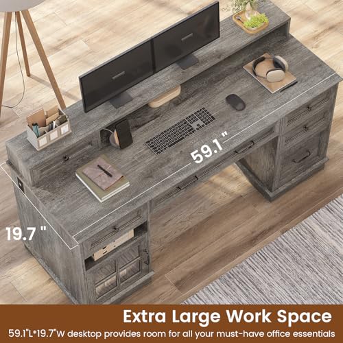 HAUOMS Farmhouse Executive Desk Computer Desk with Drawers，Grey | Executive Office Desk with File Drawers, Power Outlet, Led Lights, Storage Cabinet and Monitor Shelf for Home Office - color: Grey