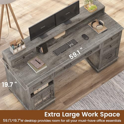 HAUOMS Farmhouse Executive Desk Computer Desk with Drawers，Grey | Executive Office Desk with File Drawers, Power Outlet, Led Lights, Storage Cabinet and Monitor Shelf for Home Office - color: Grey