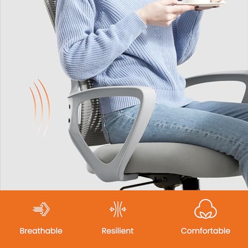 Sweetcrispy Executive Home Office Chair, Mesh Office Chair, Grey | Ergonomic Executive, Adjustable Height, 360° Swivel Wheels, Mid-Back, Comfy Arms, Bedroom, Study, Student - color: Grey, size: 18.5"D&Fixed Arm-Plus