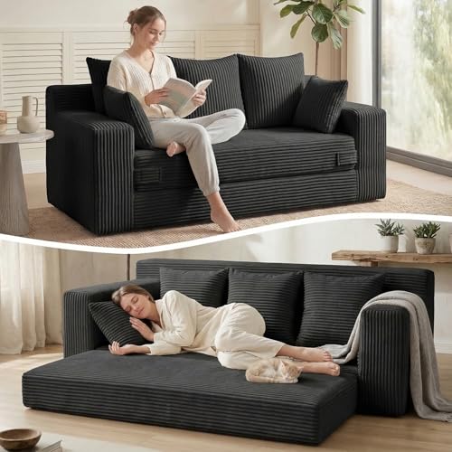 Oversize Boneless Loveseat Convertible Sofa Bed, Folding Floor Futon Sleeper Sofa Queen Size Couch Bed- Boneless Foldable Couch, Corduroy Pull Out Sofa Bed with 5 Pillows for Living Room & Bedroom - color: Black, size: 70''(Queen）