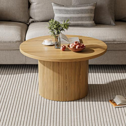 MAISONARIA Round Coffee Table with Metal Frame, 35.4" Coffee Tables for Living Room, Circle Wood Accent Center Table for Apartment, Oak - color: Nature