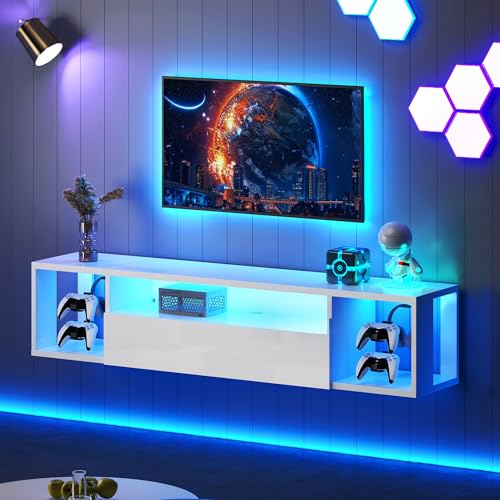 DlandHome 55.1" W Floating TV Stand with LED, Wooden Entertainment Center | Wall Mounted TV Shelf for 50/55/60/65" TV, Media Console with Storage Shelves, Floating Entertainment Center, White - size: 55.1'' White
