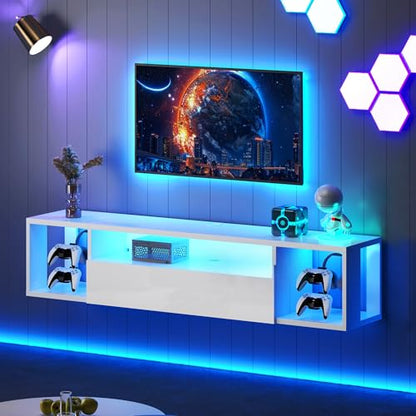 DlandHome 55.1" W Floating TV Stand with LED, Wooden Entertainment Center | Wall Mounted TV Shelf for 50/55/60/65" TV, Media Console with Storage Shelves, Floating Entertainment Center, White - size: 55.1'' White