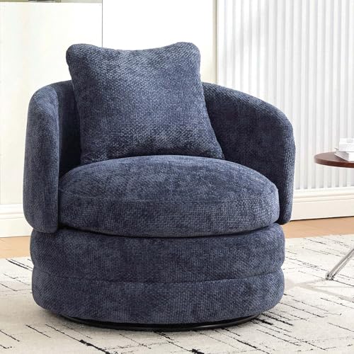 Round Swivel Barrel Chair with Comfy Pillow, Beige Small Accent Chair with Curved Backrest, Modern Upholstered Armchair & Chenille Barrel Accent Chairs for Living Room Bedroom Office (Blue) - color: Blue