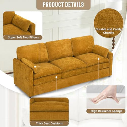 89" Chenille Soft Sofa w/Well-Filled Backrests, Yellow | Modern Couch w/Plump Pillows, 3 Seater Upholstered Couch w/Thick & Comfy Cushions for Living Room, Bedroom - color: Yellow, size: Sofa