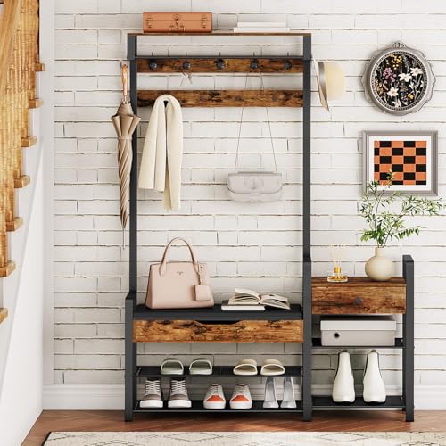 HOOBRO Hall Tree with Bench, Shoe and Coat Rack for Entryway, Coat Rack with Bench, Flip Top Storage Box, PU Cushioned Seat, Non-Woven Fabric Drawer, for Entrance, Rustic Brown and Black BF110MT01 - color: Rustic Brown + Black
