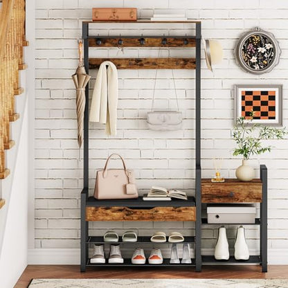 HOOBRO Hall Tree with Bench, Shoe and Coat Rack for Entryway, Coat Rack with Bench, Flip Top Storage Box, PU Cushioned Seat, Non-Woven Fabric Drawer, for Entrance, Rustic Brown and Black BF110MT01 - color: Rustic Brown + Black