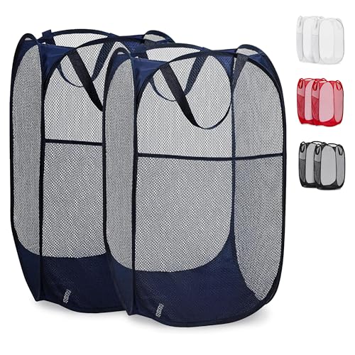 Handy Laundry Collapsible Mesh Pop Up Laundry Hamper 2-Pack – Large Foldable Laundry Basket with Side Pocket, Breathable & Durable, Space-Saving for Clothes, Toys, Travel, Dorm, Bedroom, Blue - color: Blue, 2-PACK