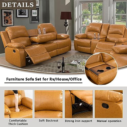 A Ainehome Recliner Sofa Set Living Room Manual Reclining Sofa Bonded Leather Loveseat Chair Sectional Couch for Living Room/Home (A-Ginger Leather, Sofa+Loveseat) - color: A-ginger Leather, size: Sofa+Loveseat