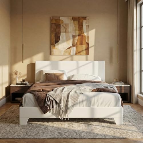 SHA CERLIN PU Leather Upholstered Full Size Bed Frame with Headboard, White | Adjustable Low-Profile Platform Bed, Minimalist Design, Stable Mattress Foundation, Strong Back-Support, No Box Spring Needed - color: Off-white, size: Full