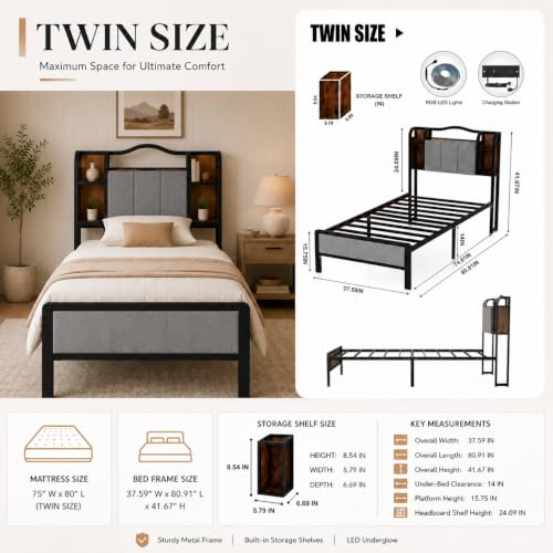 Twin Size Bed Frame with LED Lights & Charging Station | Upholstered Headboard & Footboard, No Box Spring Needed, Noise-Free Easy Assembly, Large Under Bed Storage - size: Twin