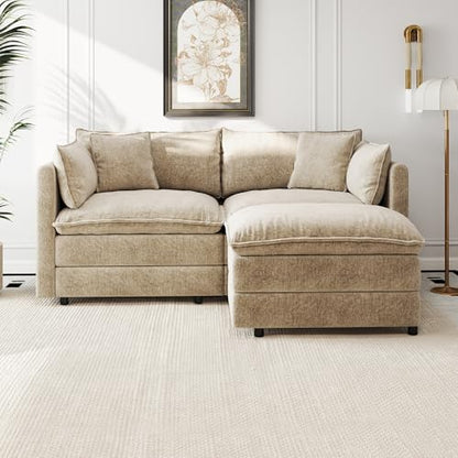 Aoowow Modular Sectional Sofa Modern Convertible Loveseat Couch,77.16 Inch Deep 2-Seater Sofas Comfy Chenille Cloud Sofas and Couches Set with Movable Ottoman for Living Room Apartment（Camel） - color: Camel, size: 2 Seat + Ottoman
