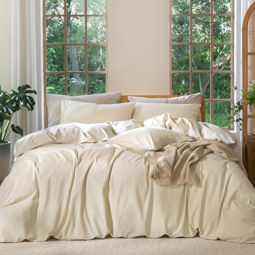 MooMee Duvet Cover Set 100% Washed Cotton Linen Like Oversized Full | Relaxed Linen-like Texture. Soft, Breathable & Long-lasting Comfort. Lightweight. Hidden Zipper with 8 Interior Corner Ties - color: Heathered Almond Milk Grey (No Comforter), size: Ove