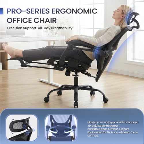 MALOL Ergonomic Mesh Office Chair with Footrest, Executive High Back Computer Desk Chair with 3D Adjustable Headrest & 5-Level Lumbar Support, Track Armrest, Tilt Lock, 300LBS, Black - color: Black