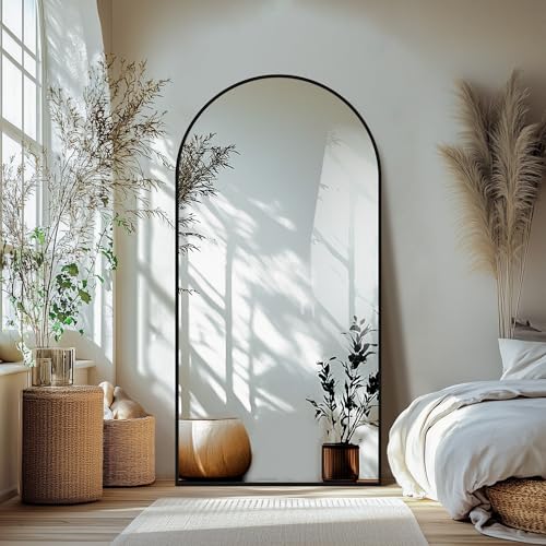 Arched Full Length Mirror with Stand, 70x35 Black Floor Mirror | Aluminium alloy frame with HD float glass for distortion-free reflection. Free standing or wall mounted. - color: Black Frame, size: 70"L x 35"W