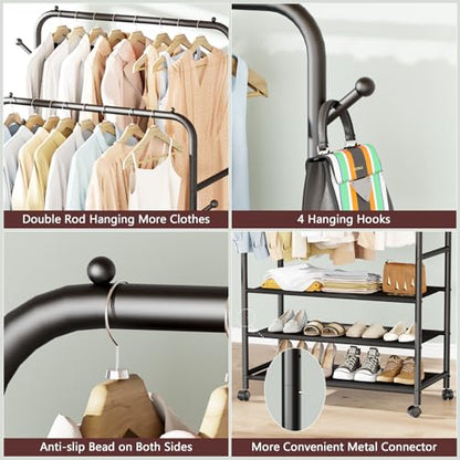 Furologee Clothes Racks for Hanging Clothes, Double Rods Clothing Rack with 3-Tier Storage Shelves, Rolling Garment Wardrobe with Wheels, Portable Free Standing Closet for Bedroom, Laundry Room, Black