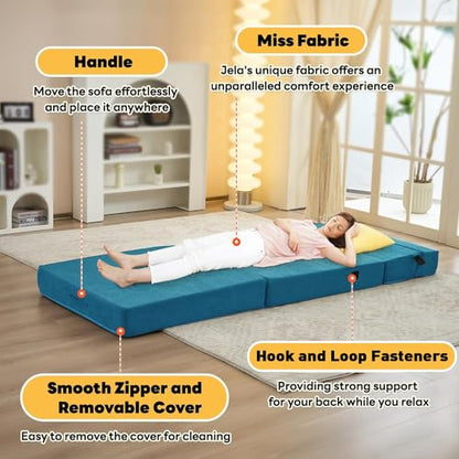 jela Foldable Sofa Bed, Convertible Sleeper Lounge Chair Floor Mattress Floor Couch with Backrest, Fold Out Futon with Washable Miss Fabric Cover for Guest Room, Living Room (83"x33",Teal) - color: Miss Fabric Light Blue
