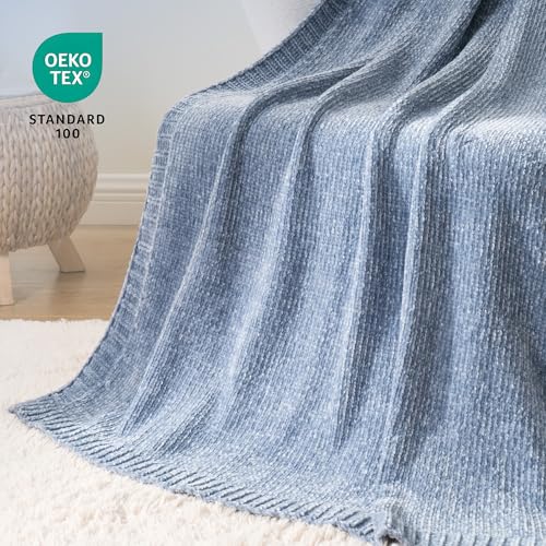 BATTILO HOME Blue Grey Chenille Throw Blanket for Couch, 51"x67" | Shiny Chenille Blanket, Blue Knit throw Blanket, Soft & Breathable, Summer Throw for Couch, Bed & Sofa - color: Bluish Grey