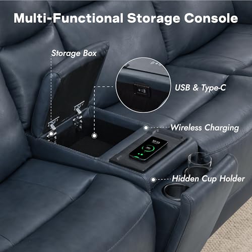 Watson & Whitely Recliner Sofa 3 Seat & Loveseat with Console, Blue | Genuine Leather, Super Zero Gravity Design, Power Headrest, Wireless Charger, Living Room Reclining Sectional Sofa Set - color: Blue, size: 5-Seat Sofa with Console