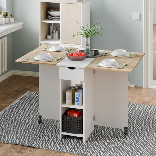 Mondeer Folding Dining Table with Drawer and Shelves, Oak & White | Drop Leaf Kitchen Table with 1 Drawer and 2 Storage Shelves in Modern Style for Small Spaces and Seats 4-6 People. - color: Oak & White