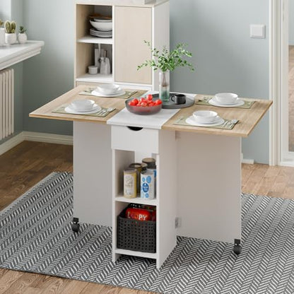 Mondeer Folding Dining Table with Drawer and Shelves, Oak & White | Drop Leaf Kitchen Table with 1 Drawer and 2 Storage Shelves in Modern Style for Small Spaces and Seats 4-6 People. - color: Oak & White